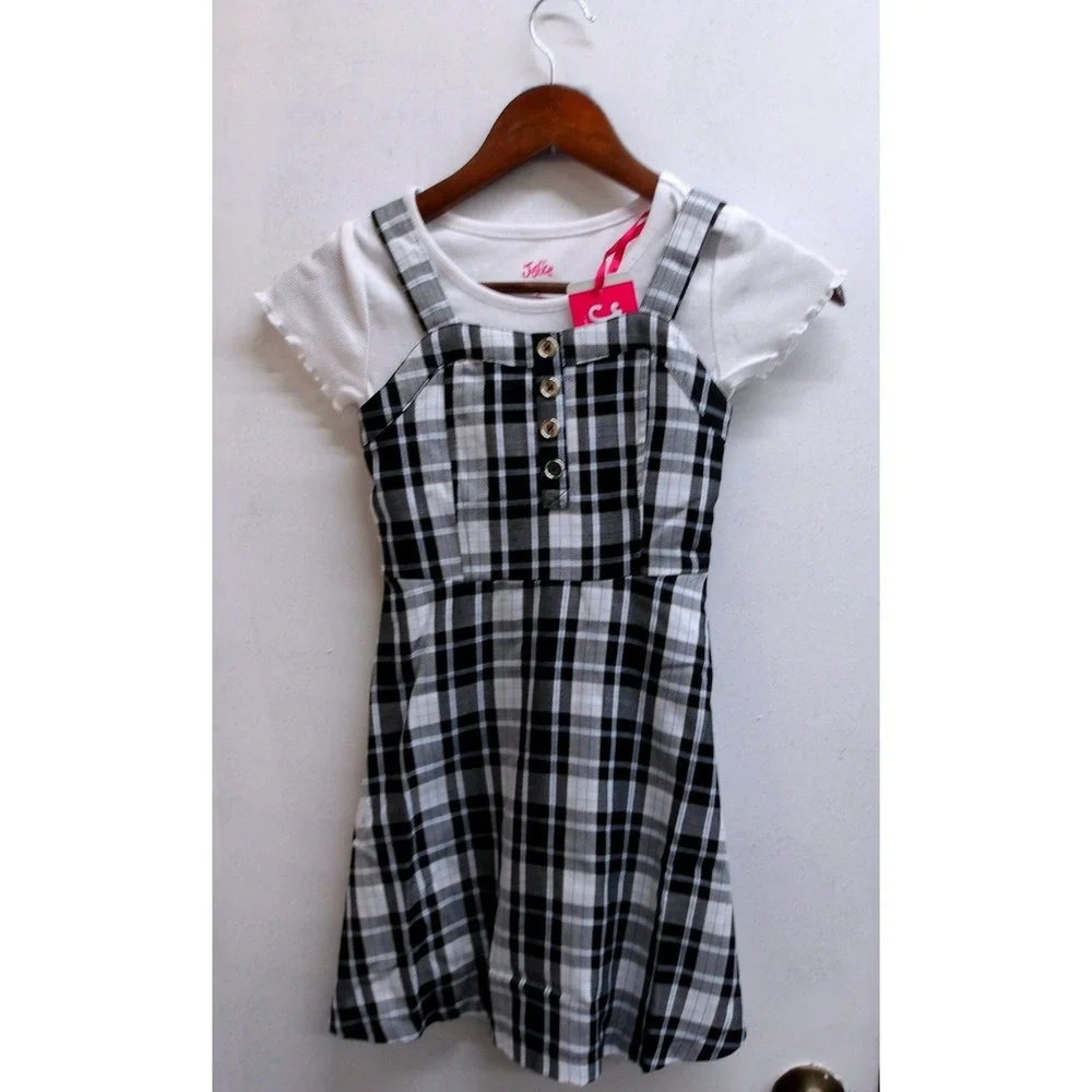 Justice Girls Plaid Jumper Dress‎ White Layered TShirt Set Girls S (7/8) #